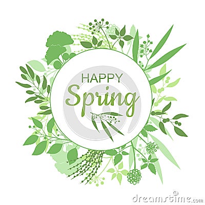 Happy Spring green card design with text in round floral frame Vector Illustration