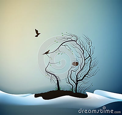 Happy spring tree concept, tree looks like man with birds, spring portrait of tree abstract, tree dream, Vector Illustration