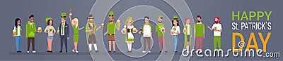 Happy St. Patrick Day Party Poster, Group Of People In Green Clothes Drinking Beer Horizontal Banner Vector Illustration