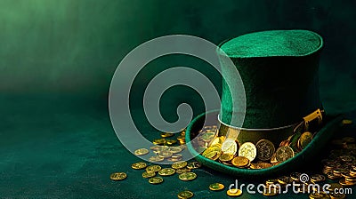 Happy St. Patrick's Day background with a leprechaun green hat full of gold coins Stock Photo