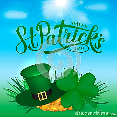 Happy St. Patrick s day calligraphy hand lettering, Leprechaun s hat, clover and golden coins. Saint Patricks day greeting card, Vector Illustration