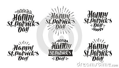 Happy St. Patrick`s Day, greeting card. Holiday icons, label set. Lettering, calligraphy vector illustration Vector Illustration