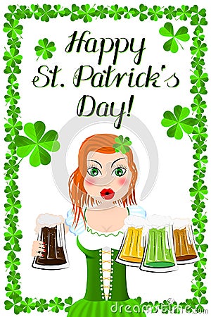 Happy St. Patrick`s Day illustration - waitress holding beer Cartoon Illustration