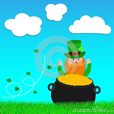 Happy St. Patrick`s Day Leprechaun behind the pot of gold on the grass Vector Illustration