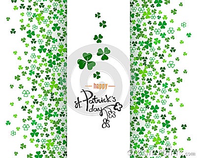 Happy St. Patrick`s day lettering logo on white vertical banner with green clover shamrock leaves background Stock Photo