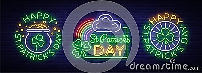 Happy St. Patrick`s day set of vector illustrations in a neon style. Neon sign collection, greeting card, postcard, neon Vector Illustration