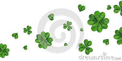 Happy St. Patrick`s day vector horizontal background with shamrock, four leaved clover isolated on white background Vector Illustration