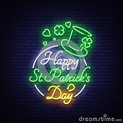 Happy St. Patrick`s Day Vector Illustration in Neon Style. Neon sign, greeting card, postcard, neon banner, bright night Vector Illustration