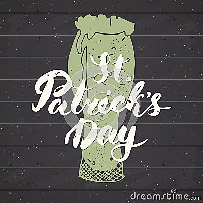 Happy St Patrick`s Day Vintage greeting card Hand lettering on beer cup silhouette, Irish holiday grunge textured retro design Vector Illustration