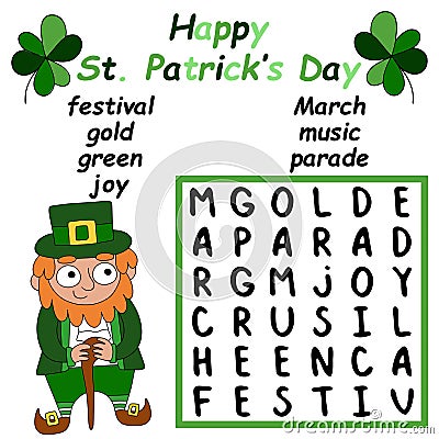 Happy St Patrick`s Day word search puzzle for kids stock vector illustration Vector Illustration