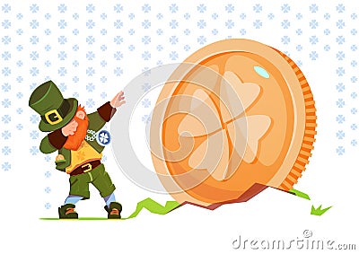 Happy St. Patricks Day Background Green Man Leprechaun Over Golden Coin With Clover Sing Vector Illustration