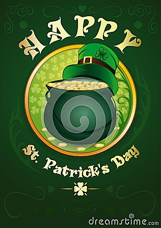 Happy St. Patricks Day. Green pot with gold coins Vector Illustration
