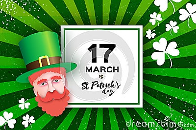 Happy St. Patricks day Greeting card in paper cut style. Leprechaun. Shamrock leaf clovers, Irish elf hat. Spring party Vector Illustration