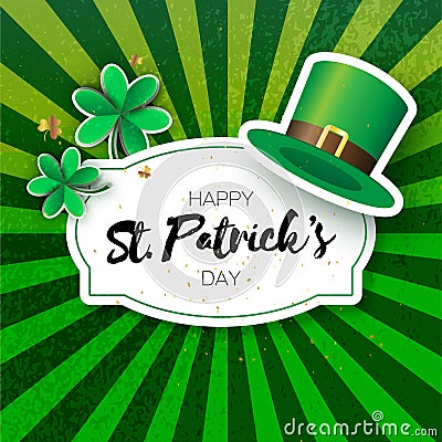 Happy St. Patricks Day Greetings card with clover and hat. Origami Green shamrock Irish tradition celebration with three Vector Illustration