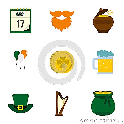 Happy st. Patricks day icon set, flat style Vector Illustration