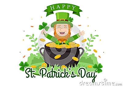 Happy St Patricks Day Illustration with Kids, Golden Coins, Green Hat, Leprechauns and Shamrock in Flat Cartoon Hand Drawn Vector Illustration