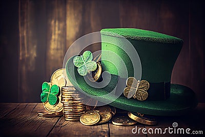 Happy St Patricks Day leprechaun hat with gold chocolate coins on vintage style green wood background Stock Photo