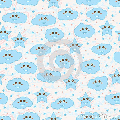 Happy star cloud blue pink pastel seamless pattern Vector Illustration