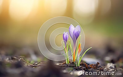 Happy start of spring poster. Two beautiful photorealistic purple crocus plants in the soil, blurred background. Spring flowers Stock Photo