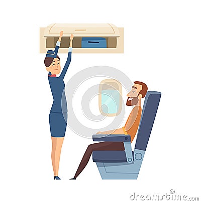 Happy stewardess character. Passenger in airplane sitting in chair on board, woman from staff with luggage vector Vector Illustration