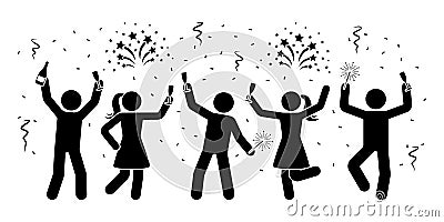 Happy stick figures celebrating New Year night icon. Men and women firework, serpentine, sparkler pictogram. Vector Illustration