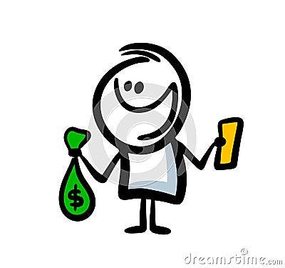 Happy stickman character with the bag of money and new smartphone in his hands. Vector Illustration