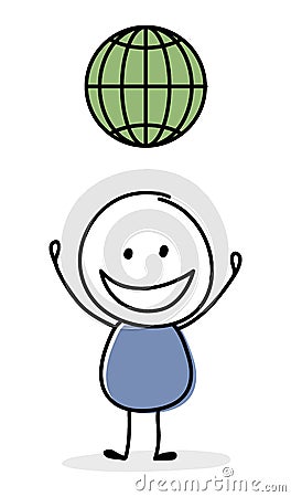 Happy stickman with globe - internet web symbol. Vector Vector Illustration