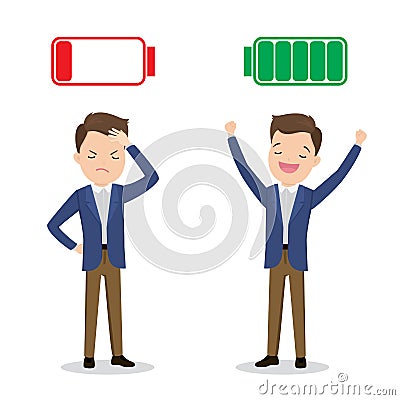 Happy strong caucasian Businessman with green full battery and sad powerless businessman with red low battery Vector Illustration