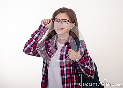 Happy student with backpack is staying on white background. Back to university. Stock Photo