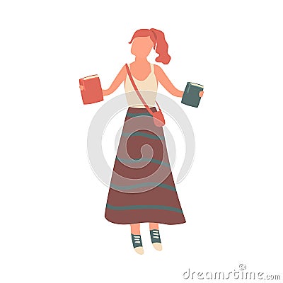 Happy student girl in long ornament skirt with books Vector Illustration