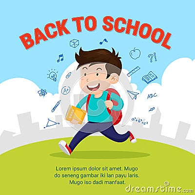 Happy student go to school. Back to school flat style illustration with school activity doodle. Cartoon Illustration