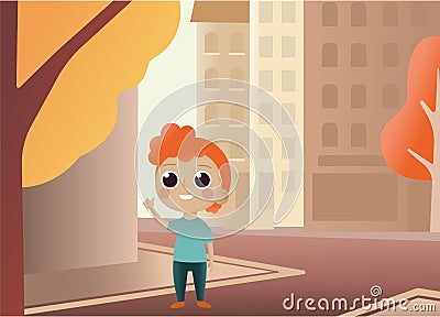 Happy student go to school. Back to school vector style illustration with school activity. Young tourist walks the Vector Illustration