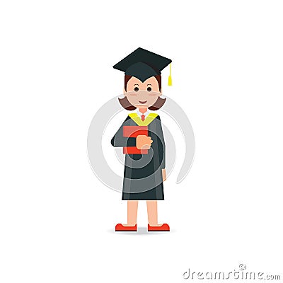 Happy student graduated wearing mortar board hat and gown. Vector Illustration