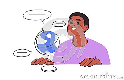 Happy student, learner and Earth globe. Global international education, studying foreign languages, learning abroad Vector Illustration