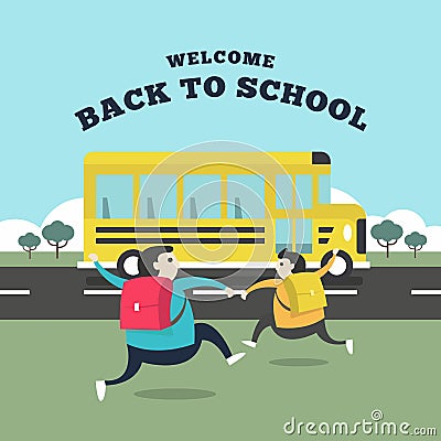 Happy student running to the bus for go to school. Welcome back to school concept. Vector Illustration
