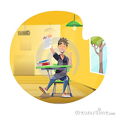 Happy Student Showing Perfect Test Results Cartoon Vector Illustration
