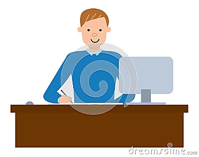 Happy student using pc and writing notes. Vector Illustration