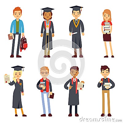 Happy students and graduates young learning people vector characters Vector Illustration