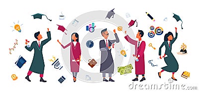 Happy students group throwing their hats in air people in bachelor gowns celebrating education graduation concept male Vector Illustration
