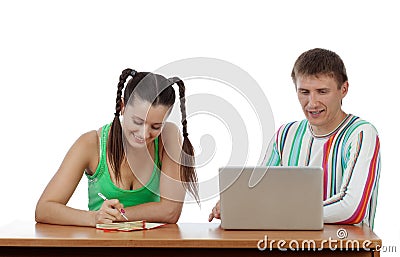 Happy students with laptop Stock Photo