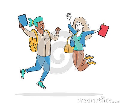 Happy Students Male and Female Characters Jumping with Notebooks. Schoolboy and Schoolgirl with Backpacks Waving Hands Vector Illustration