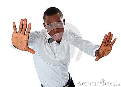 Happy stylish black man stretching to camera Stock Photo