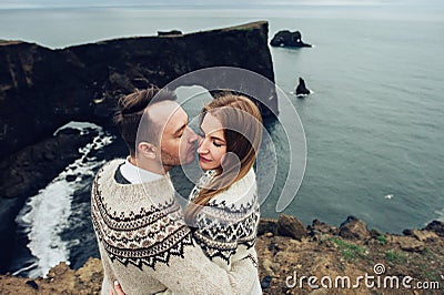 Amazing romantic view of happy couple near beautiful grand water Stock Photo