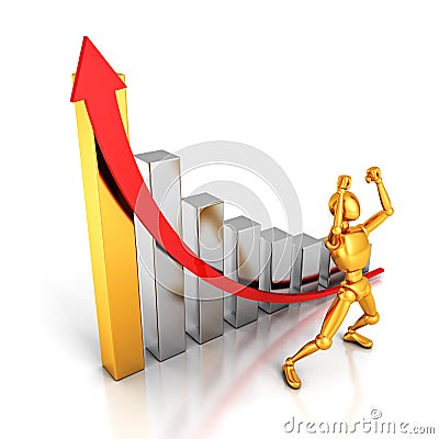 Happy success golden 3d man with growing business graph and arrow Stock Photo