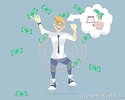 Happy successful businessman jumping with falling money,piggy bank and bank book Vector Illustration