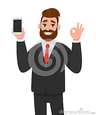 Happy successful businessman showing smart phone, mobile, cell phone in hand and gesturing okay or OK sign. Good, deal, agree. Vector Illustration