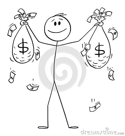 Happy Successful Man or Businessman Holding Bags of Money or Dollars , Vector Cartoon Stick Figure Illustration Vector Illustration