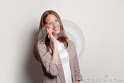 Happy successful smart businesswoman phone on white background Stock Photo