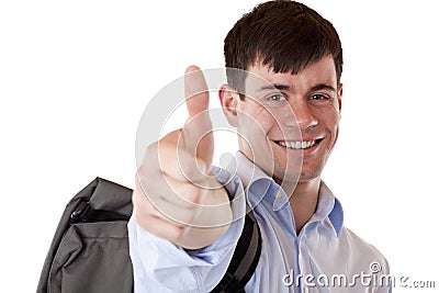 Happy successful student shows thumb up Stock Photo