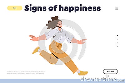 Happy successful woman running and jumping, sign of happiness landing page template Vector Illustration